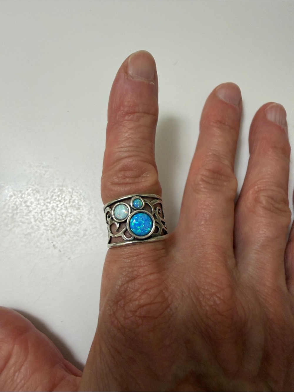 Sterling Silver Openwork Ring with Blue Opal Accents - Women Jewelry